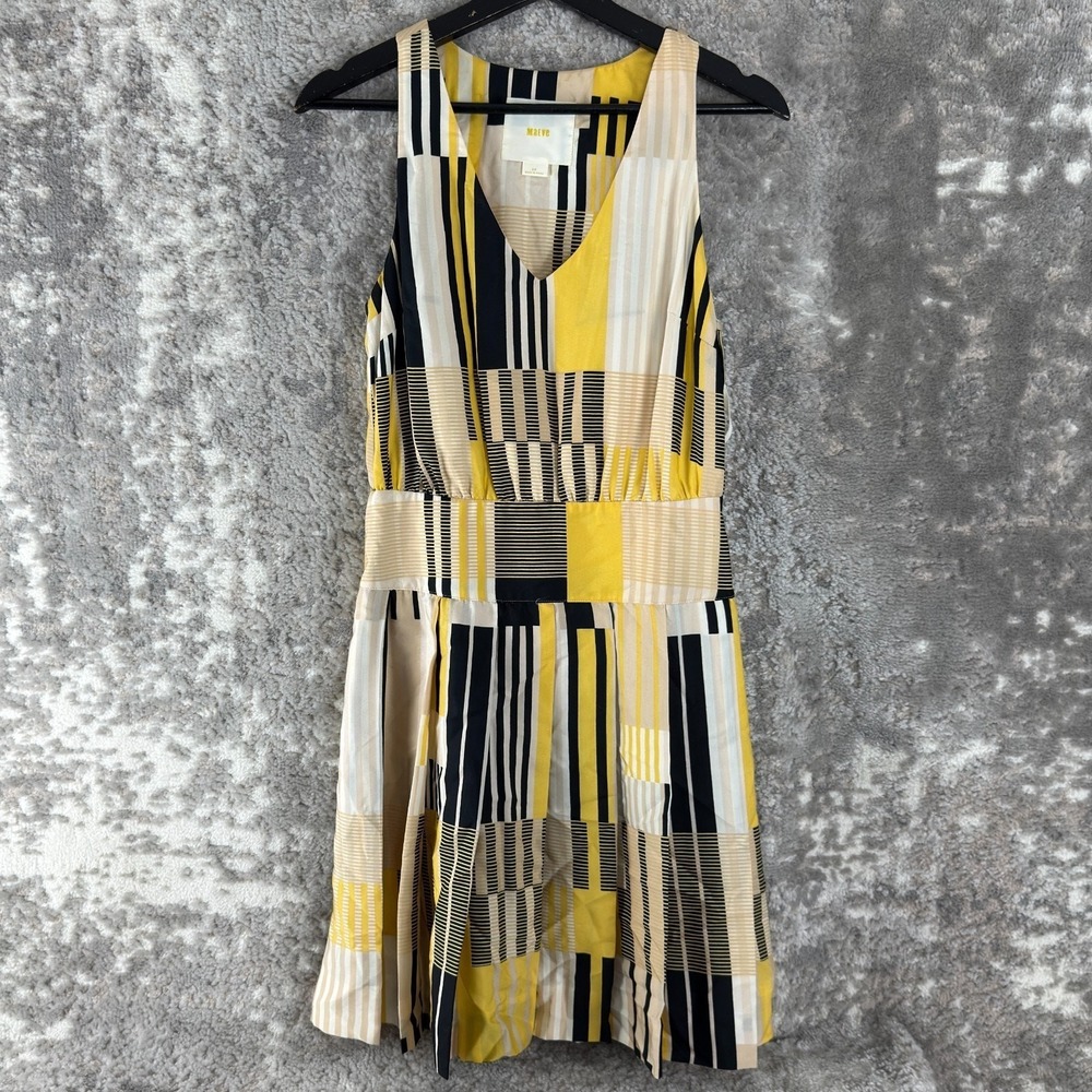 Maeve Petite Size 0P Geometric V Neck Mini Fit Flare Dress Yellow Sleeveless